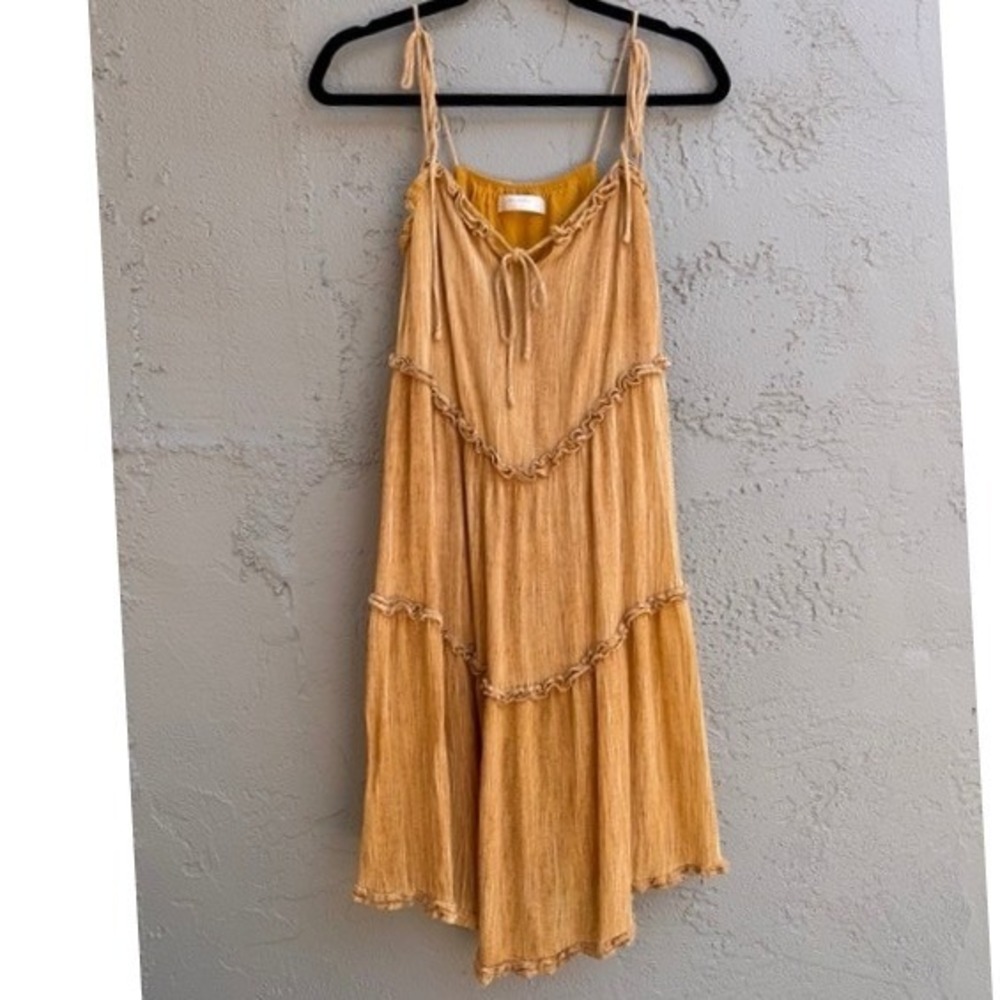 Hello Molly Womens Mustard Ruffle Tiered Straps Midi Dress MEDIUM Boho Cottage